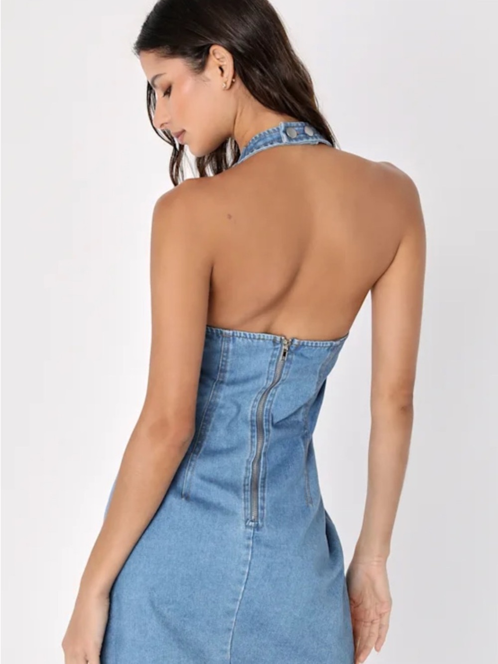 Lulus Summertime Inspiration Medium Wash Denim Halter Mini Dress Blue - Size L - Picture 4 of 5
